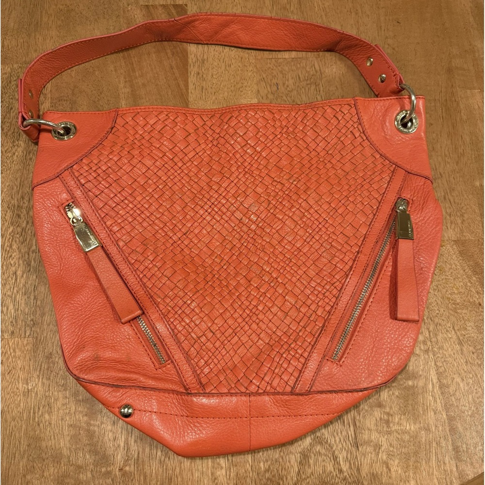 B. Makowsky Burnt Orange Woven Leather Hobo Bag Slouchy Shoulder Purse